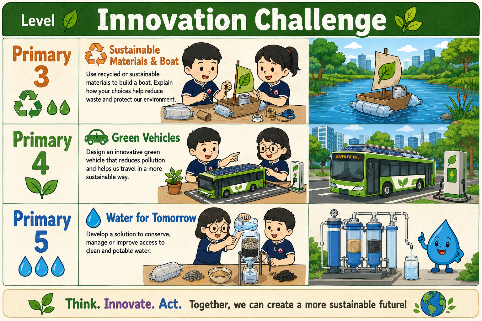 Innovation Challenge poster showing 3 levels: P3 builds sustainable boats, P4 designs green vehicles, P5 develops water solutions. Tagline: Think. Innovate. Act. Together, we can create a more sustainable future!